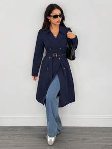 SHEIN PETITE Women's Retro Long-Sleeved Trench Coat,Winter,New Year Eve,Business Long Outerwear Trench Coat,Winter - Navy Blue - View 7