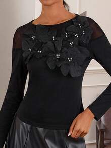 Lilora Bluză elegantă pentru femei, cu imprimeu floral 3D, pentru navetiști - Negru - Vizualizare 5