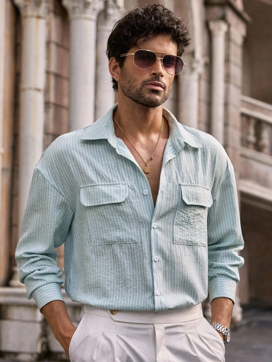 HIMLAND Men's Casual Striped Cargo Pocket Curved Hem Long Sleeve Shacket, For Fall, Winter - Baby Blue - View 1