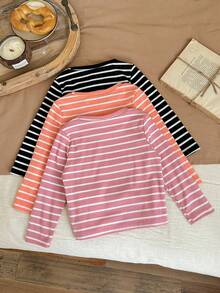 SHEIN LMoss Kids LMoss Young Girl 3pcs Young Girl Knit Striped Round Neck Casual Top Set