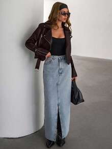 SHEIN Zip Up PU Belted Detailed Leather Moto Jacket, For Autumn/Winter - Brown - View 3