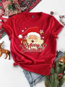 SHEIN Essnce Christmas Cute Snowman Pattern Casual Loose Crew Neck Short Sleeve T-Shirt For Women, Suitable For Summer - Red - View 1