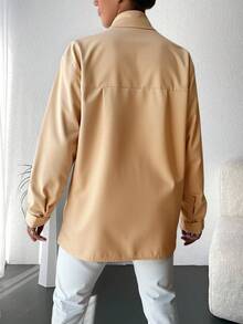 EURMUSE Camisa con diseño de diamante de imitación de hombros caídos - Caqui - Ver 2