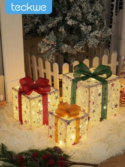 Teckwe 3pcs Christmas Lighted Gift Boxes, Decoration Boxes With Plug, Bows, Artificial Pine Leaves And Pine Cones For Christmas, Weddings Yard Home Holiday Art Halloween Decoration