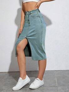 Jeanoix Falda vaquera mini con ranura delantera y color sólido de moda para mujer - Azul lavado medio - Ver 3