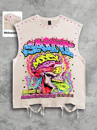 Street Life Top smanicato girocollo con design a teschio e strass, canotta estiva da uomo