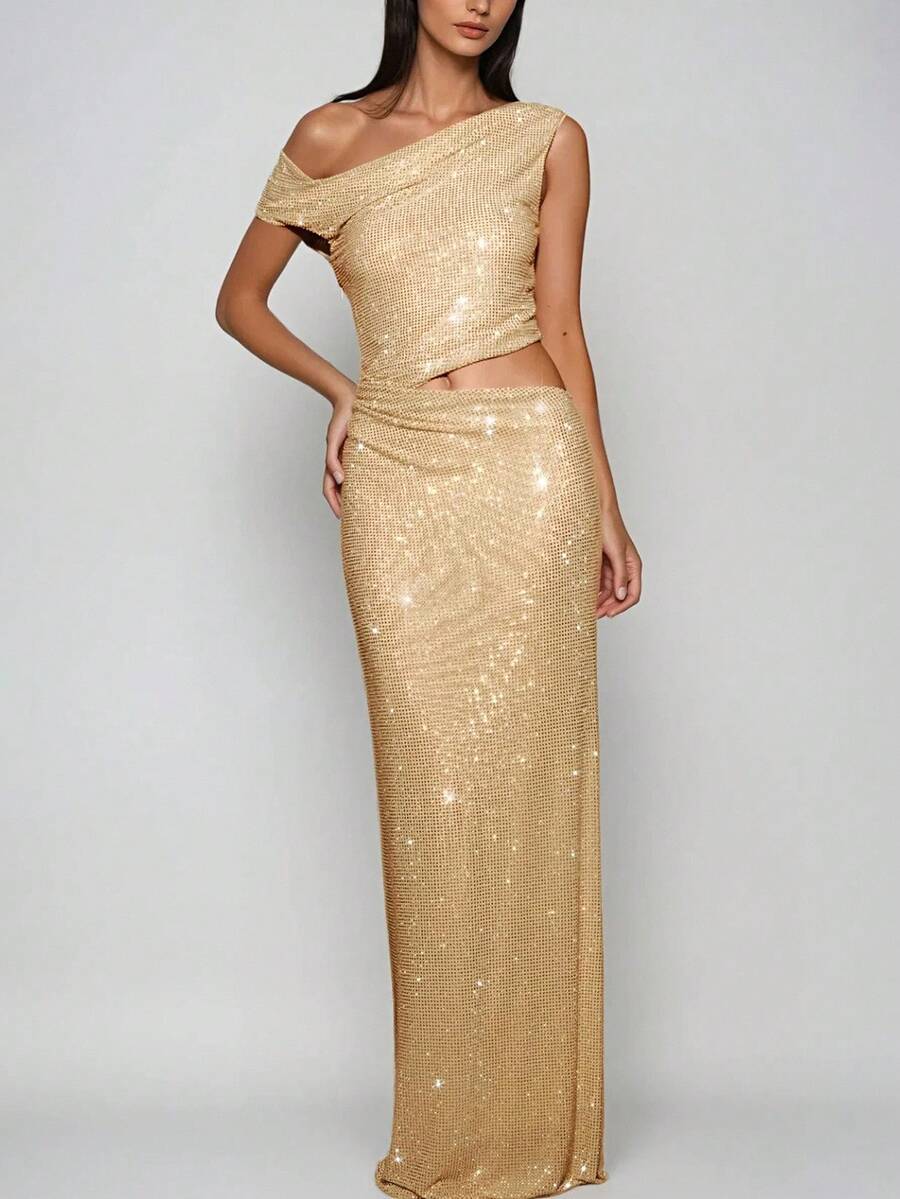 Briarwyn 女士亮片缀饰不对称肩长裙 - 金色 - 查看 1