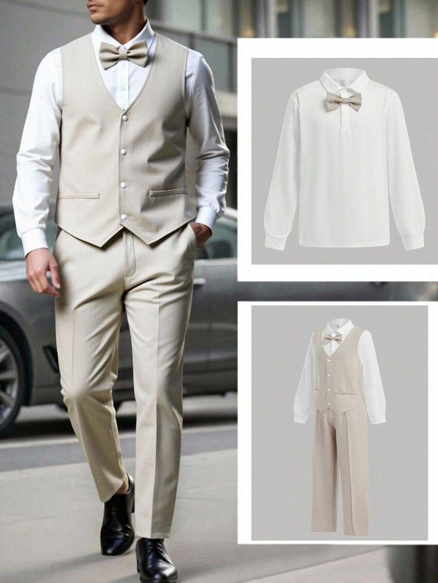 SHEIN 青少年男孩三件套休闲装:长袖衬衫、背心和裤子套装。百搭绅士西装,适合圣诞节、居家、通勤、上学、日常休闲、度假、户外、派对、秋冬 - 杏色 - 查看 1