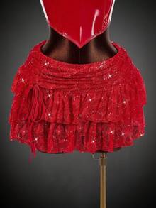 Amplova 大码女式闪亮亮片蕾丝分层 A 字裙，适合万圣节派对 - 紅色 - 查看 7