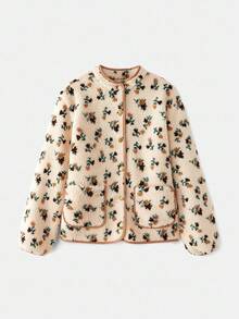 lacRébo 奶油色花卉印花羊羔绒夹克，撞色滚边和按扣开合，秋冬秋季女装秋冬 - 杏色 - 查看 7