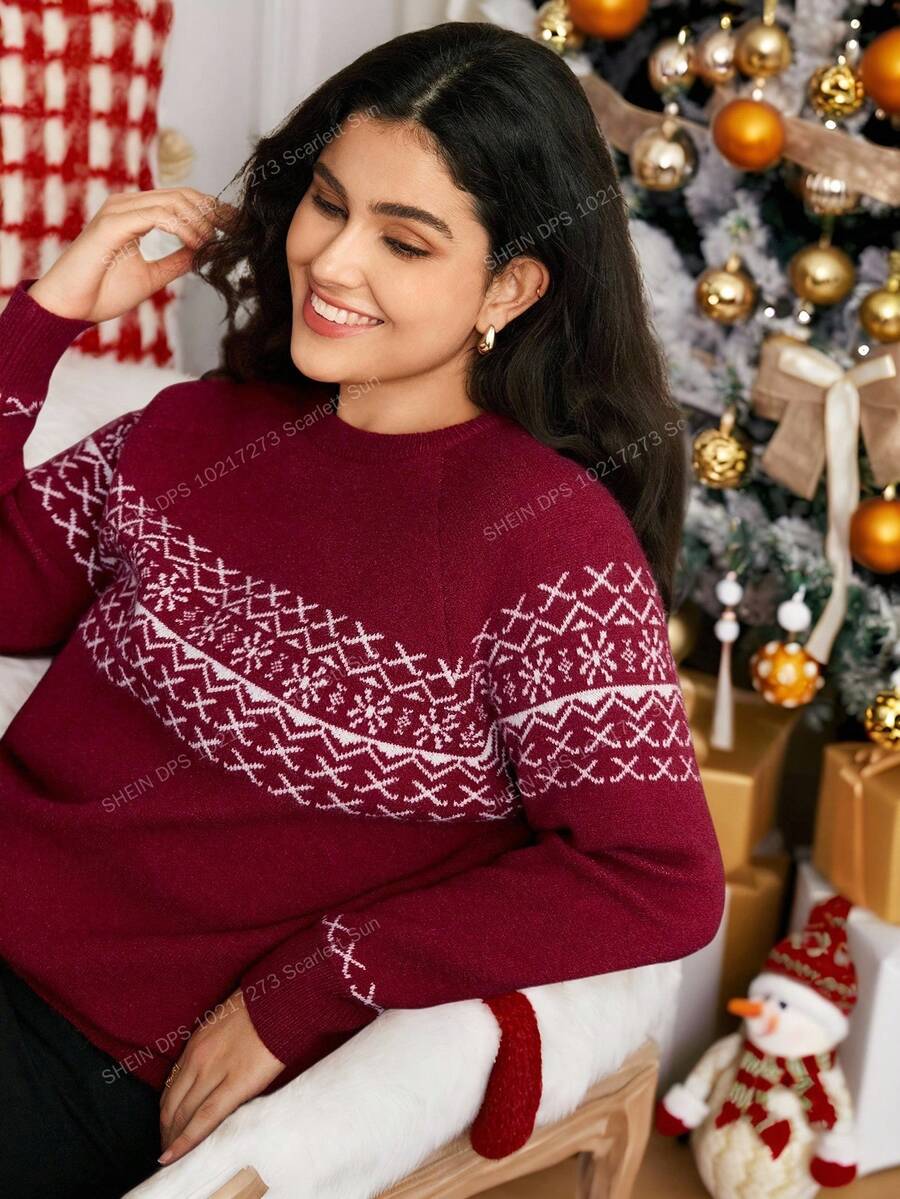 SHEIN LUNE Casual Retro Minimalist Burgundy Christmas Snowflake Fair Isle Pattern Plus Size Pullover Sweater - Burgundy - View 1