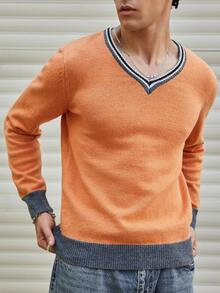 Manfinity CasualKnits 男士条纹板球毛衣 男士毛衣上衣 男士 V 领毛衣 橙色针织毛衣 男士橙色毛衣 男士针织上衣，秋冬 - 彩色 - 查看 3