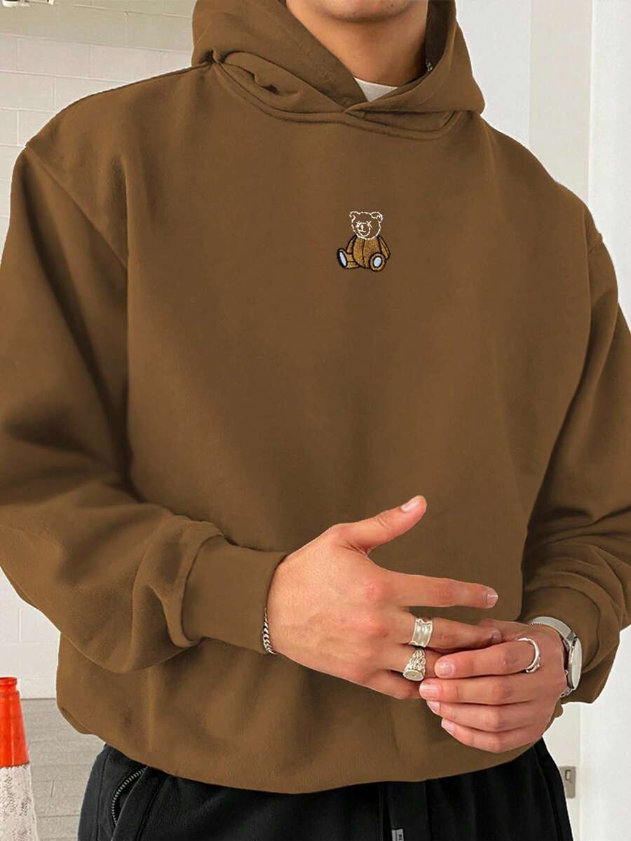 Manfinity Homme 宽松男士熊刺绣落肩保暖连帽衫，秋冬季大地色系棕色卫衣，刺绣棕色连帽衫，长袖上衣 - 棕色 - 查看 1