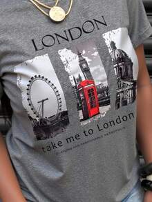 Slaydiva Áo thun cổ tròn tay ngắn có in chữ và phong cảnh cho trang phục thường ngày mùa hè Take Me To London METROPOLIS thời trang và nhộn nhịp Áo thun nữ - Xám - Xem 4