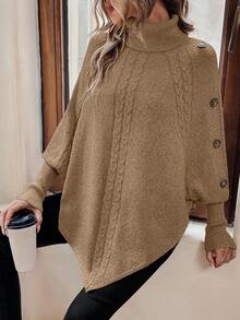 LanaWest Women's Casual High Neck Button Design Cable Pattern Batwing Sleeve Loose Knit Sweater, Autumn/Winter - Camel - View 3