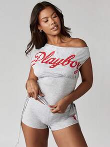 Missguided x Playboy Oversized Cotton Off Shoulder Asymmetric Ruched Cinched Waist Top With Lace Up Side Detail Contemporary Modern Fashion - Grey - View 1