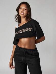 Missguided x Playboy Áo crop top hở vai in họa tiết da báo, tay ngắn, dáng rộng, thường ngày, lễ hội mùa hè, áo chui đầu cotton nhiều lớp, cỡ lớn, thời trang dạo phố cho nữ - màu đen - Xem 3