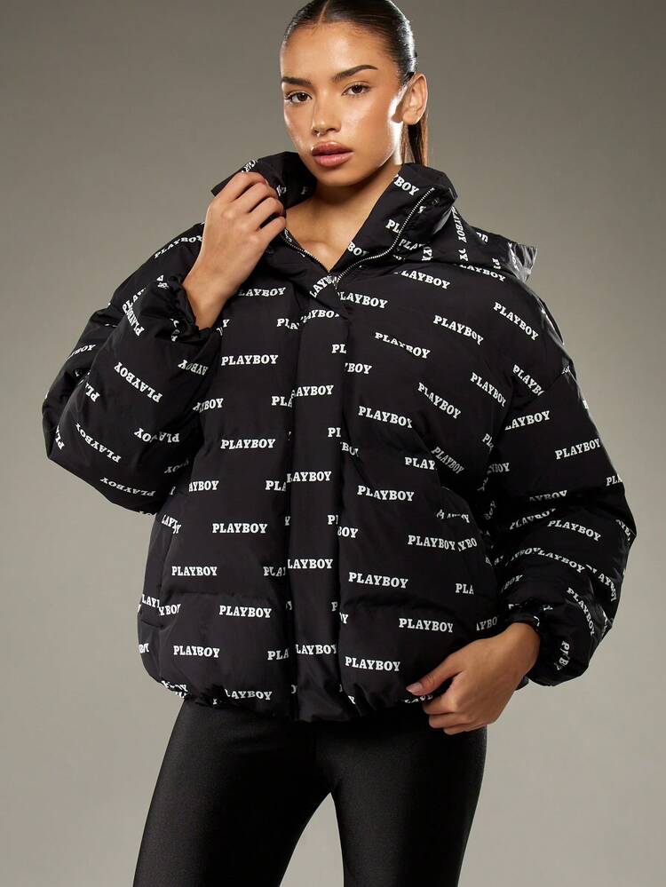 Missguided x Playboy Oversized Winter Puffer Jacket Allover Logo Print Quilted Padded Down Coat With Hood Streetwear Outerwear Fall Fashion Collection