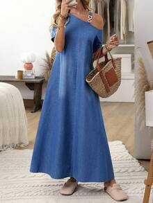 EMERY ROSE 女式休闲水洗不对称领长款牛仔连衣裙 - 藍色 - 查看 1