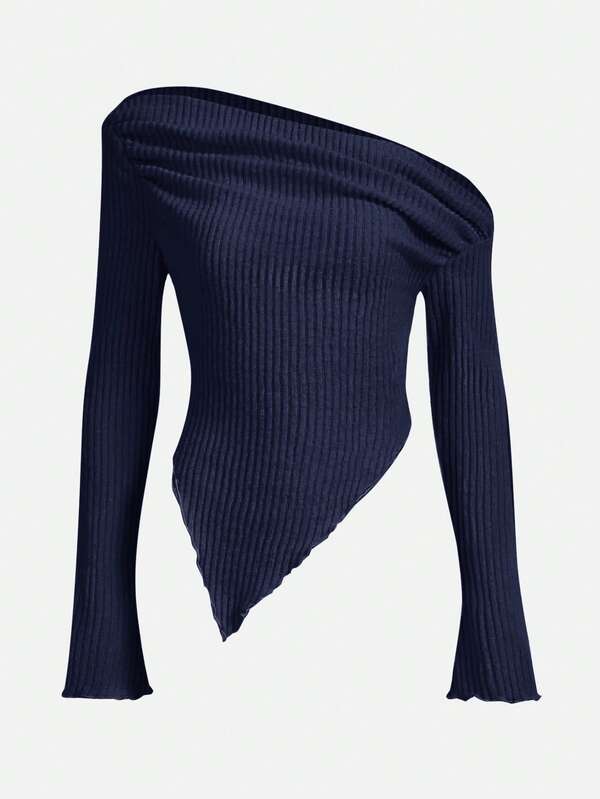 SHEIN ICON Camiseta con cuello asimétrico y ribete de lechuga, estilo Y2K grunge