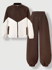 SHEIN 男童休闲拼色毛绒服装，适合男孩在公园散步、参加社区活动和日常通勤时穿着 - 卡其色 - 查看 1