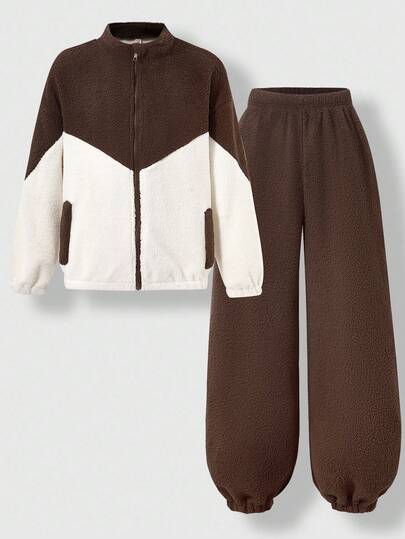 SHEIN Boys' Casual Colorblock Fuzzy Outfit, Suitable For Boys To Wear For Strolling In The Park, Community Activities And Daily Commute Fall Winter