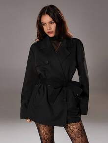 TRNVIE 1 件女士黑色休闲风衣，翻领配腰带，适合通勤和返校，秋冬季 - 黑色 - 查看 5