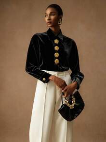 Vesra 优雅天鹅绒金色纽扣女式衬衫