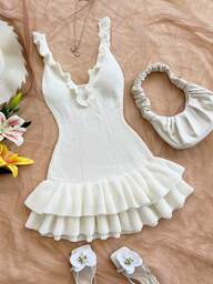 Soleia Women's Holiday Wave Texture Spaghetti Strap Ruffle Hem Knit Dress, Suitable For Vacation, Date, Afternoon Tea, Beach, Cruise, City Trip, Wedding Season, Music Festival, Boho Vacation White Ruffle Dress Cream Dress In Fall/Winter