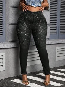 SHEIN Lady Plus Size Rhinestone Embellished Skinny Stretch Denim 7/8 Leggings, Blue - Black - View 1