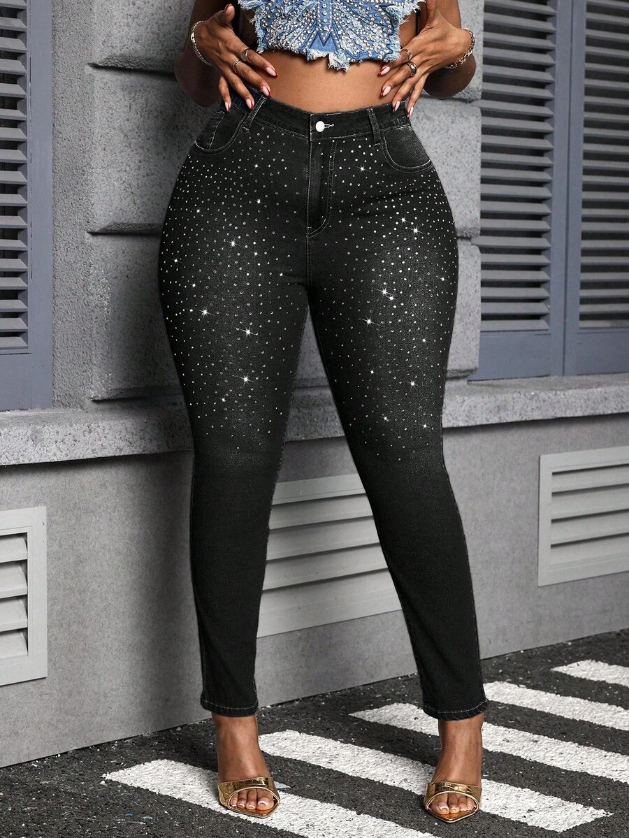SHEIN Lady Plus Size Rhinestone Embellished Skinny Stretch Denim 7/8 Leggings, Blue - Black - View 1