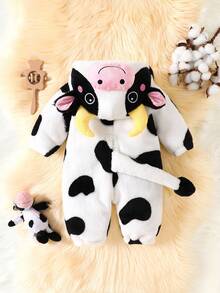 SHEIN Newborn Cow Shaped Outfit, Cute 3D Embroidered Hat, Plush Long Sleeve Jumpsuit With Long Pants, Baby Clothing Set - Black and White - View 3