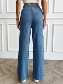 Women's Rib Knitted Straight High Waist Knit Pant - Blue - View 2
