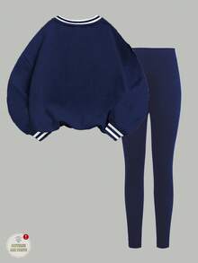 SHEIN Tween Girls' Casual Street Style Vintage College Graphic Sweatshirt And Leggings 2-Piece Set, Navy Blue, Crew Neck, Long Sleeve, Comfortable, Suitable For Autumn/Winter Fall Teen School Clothes 2 Piece Set Girls Sweat Sets Sweat Sets Tweens Comfy Teen Sweat Set Sweatshirt Straight Pants Suit Tween Girl - Multicolor - View 4