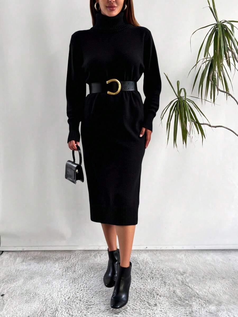 EURMUSE Women's Solid Color High Neck Sweater Dress - Black - View 1