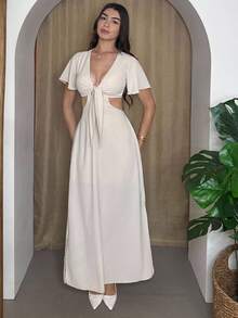 Andrea Bello Vestido largo estilo maxi para verano con escote en V profundo, cierre delantero, abertura en la cintura y bajo con abertura - Beis - Ver 4