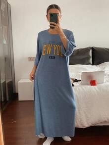 DAZY 字母印花开衩宽松长款睡裙，女士睡衣，舒适保暖，秋冬款，宽松睡裙 - 藍色 - 查看 7