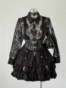 Sunspun Plus Size Lace Ruffle Trim Long Sleeve Blouse - Black - View 1