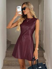 Easowa Brown PU Sleeveless A-Line Mini Dress For Women, Autumn/Winter - Burgundy - View 3