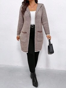 EMERY ROSE Plus Size Fashionable High-End Jacquard Contrast Color Wool Cardigan - Coffee Brown - View 5