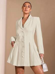 SHEIN BAE Giacca elegante monopetto con cintura, tinta unita bianca, versatile, adatta per appuntamenti, per donne taglie forti, autunno/inverno - Albicocca - Visualizzare 7