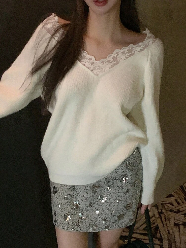 Women's Lace Trim Patchwork Solid Color Casual Long Sleeve Sweater Carnival