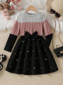 年轻女孩三色蝴蝶结装饰珍珠缀饰长袖休闲连衣裙，适合日常穿着，春秋季 - 彩色 - 查看 4