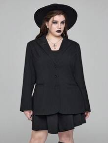 ROMWE Plus Size Gothic Vertical Striped Fitted Blazer - Black - View 7