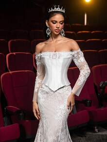 Glamrae 优雅奢华串珠弹力蕾丝和缎面美人鱼透明长袖超长连衣裙，配有可拆卸拖尾，适合婚礼、派对、度假、庆典、正式活动（大量装饰） - 米色 - 查看 2