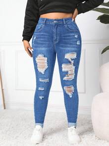 Firerie Plus Size Women High Waist Pockets Distressed Skinny Casual Versatile Jeans - Medium Wash - View 6