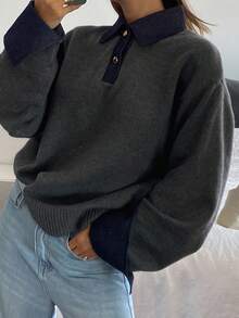 Livesso 女式秋季牛仔拼布宽松针织翻领毛衣 - 灰色 - 查看 6