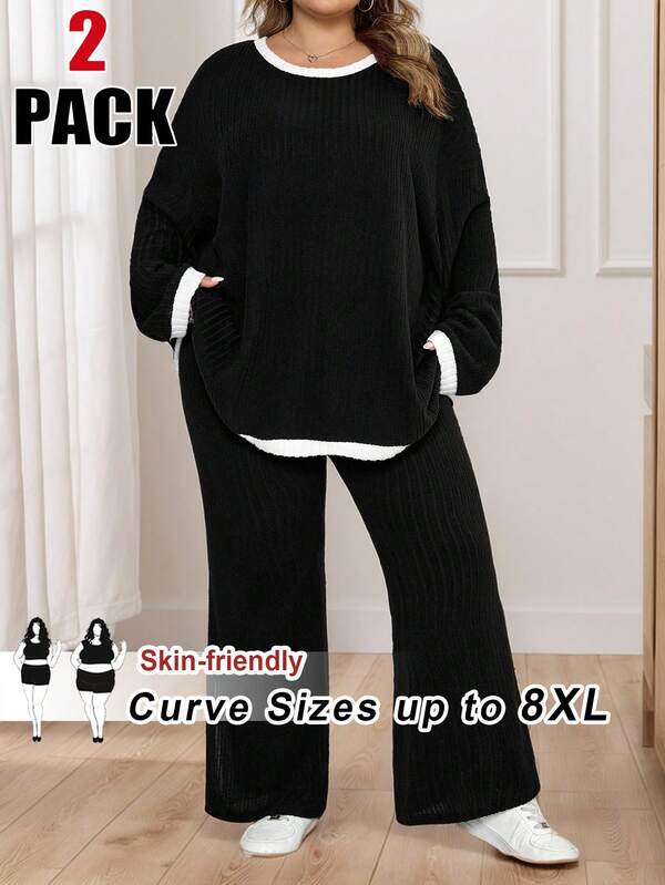 SHEIN CURVE+ 2pcs/Set Plus Size Contrast Color Trim Ribbed Knit Round Neck Long Sleeve Top And Slit Leg Long Pants,Winter Clothes For Women Plus Size Christmas