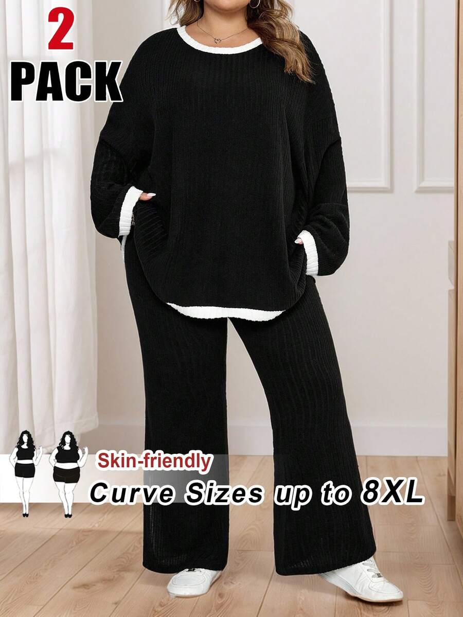 SHEIN CURVE+ Bộ 2 chiếc/Bộ áo thun cổ tròn tay dài phối viền màu tương phản cỡ lớn kèm quần dài ống xẻ tà, quần áo mùa đông cho nữ - màu đen - Xem 1
