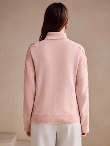 Anewsta 优雅粉色镂空蕾丝高领柔软女士毛衣，秋冬 - 淡紫色 - 查看 6